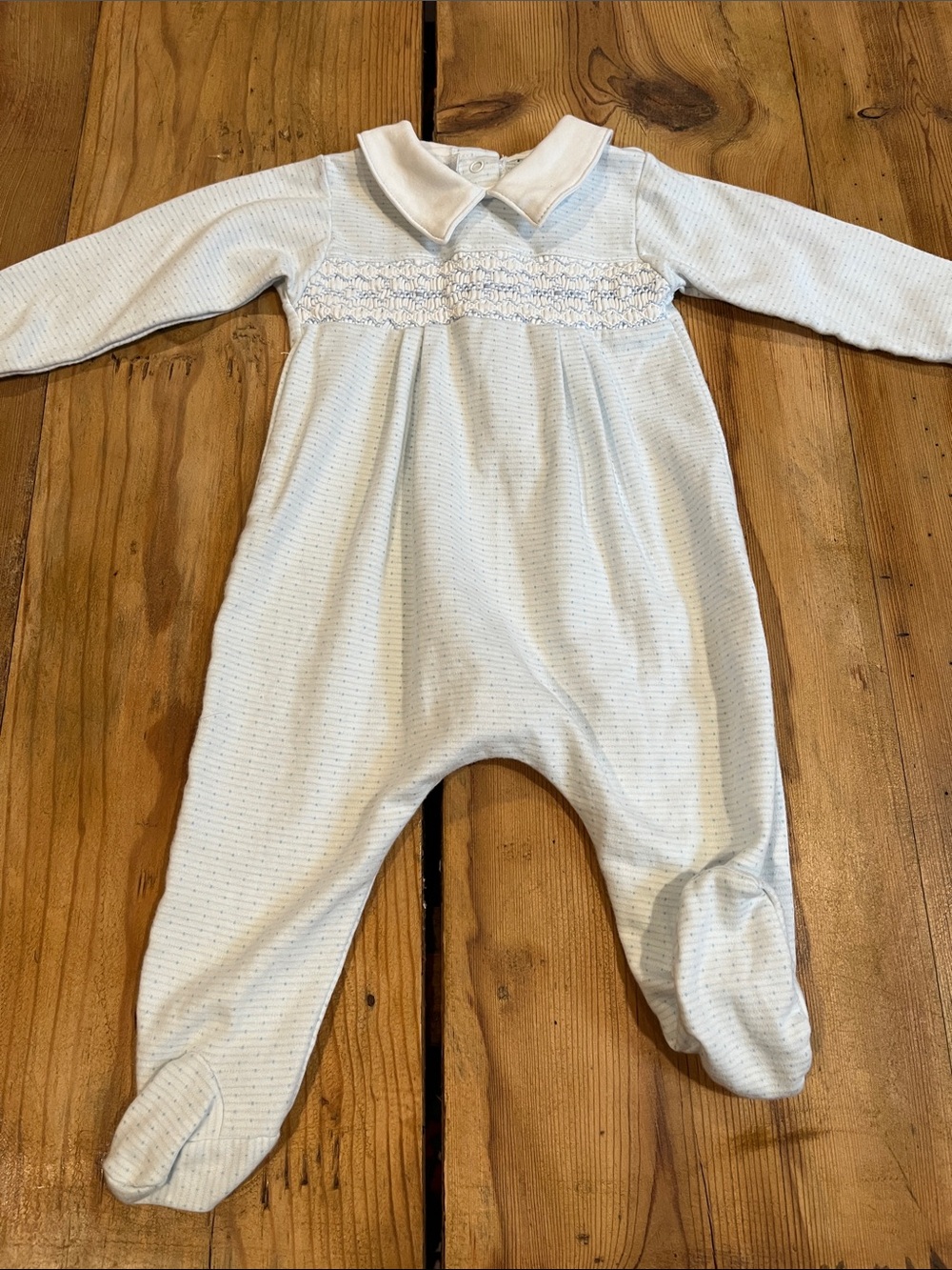 MAGNOLIA BABY 6M Blue Polka Dot Smocked Collar Footie Romper